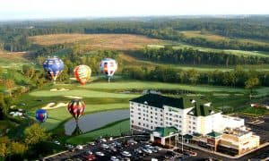 Holiday Inn at Blue Ridge Shadows aerial view with hot air balloons